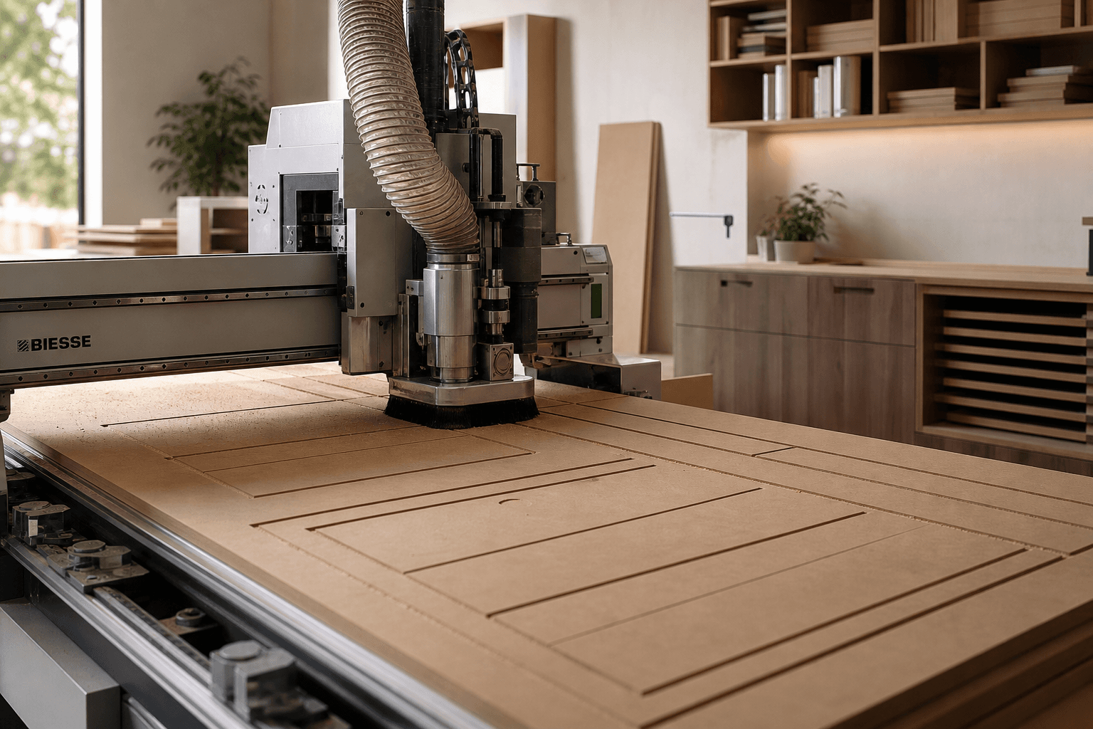CNC router cutting cabinet panels in a modern workshop